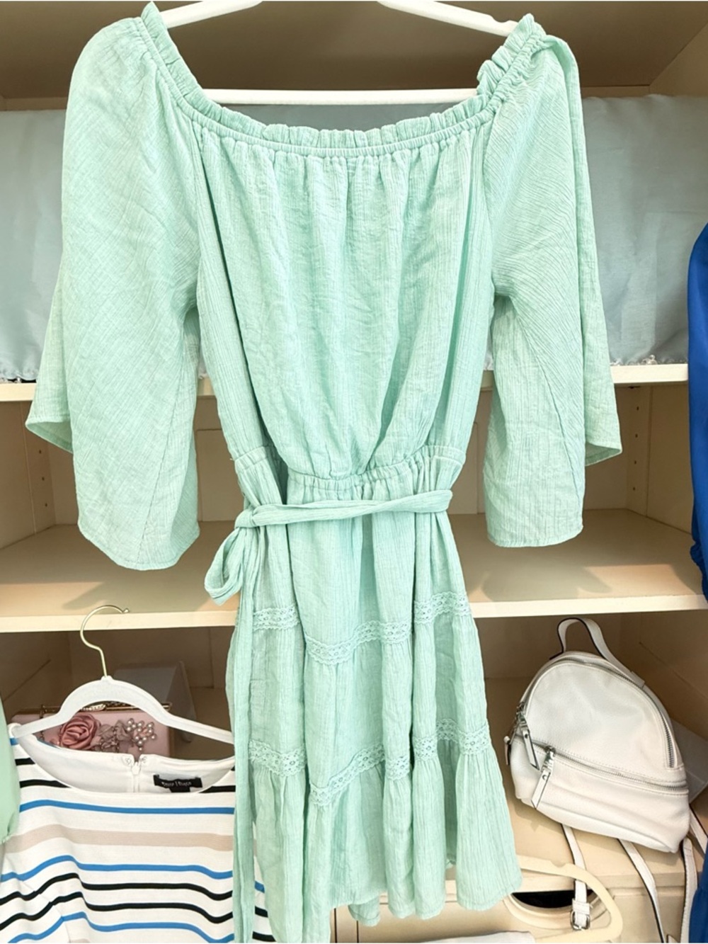 Mint Off-Shoulder Midi Dress with Waist Tie
